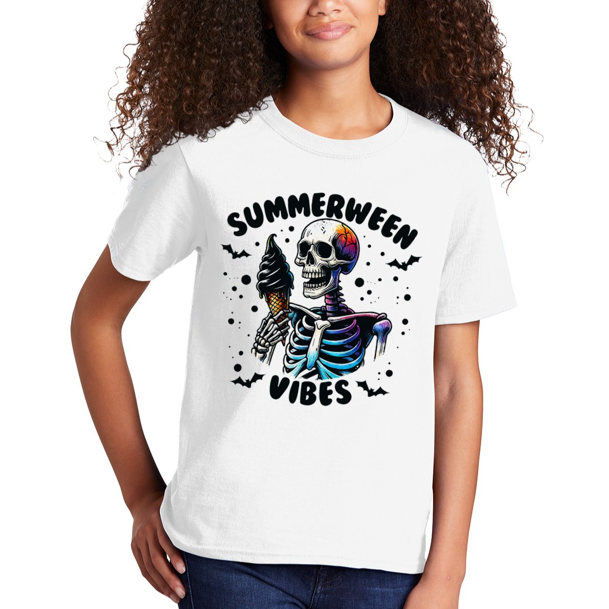 Summerween Magic Skeleton Enjoying Ice Cream Delight Kids T-Shirt