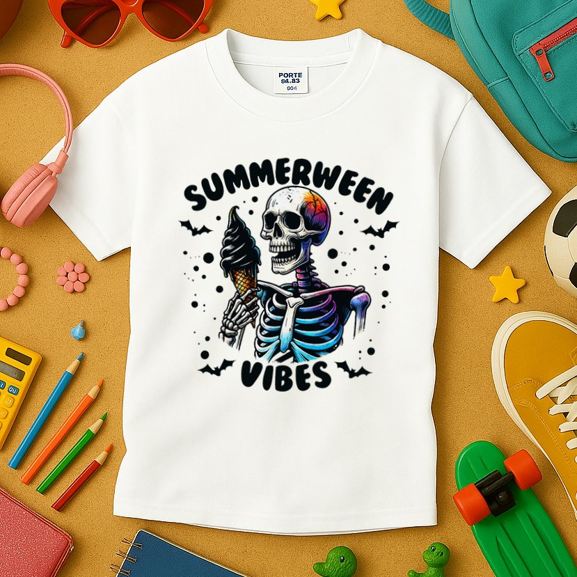 Summerween Magic Skeleton Enjoying Ice Cream Delight Kids T-Shirt