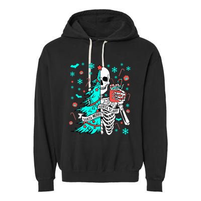 Sorta Merry Sorta Scary Funny Christmas Skeleton Tree Santa Garment-Dyed Fleece Hoodie