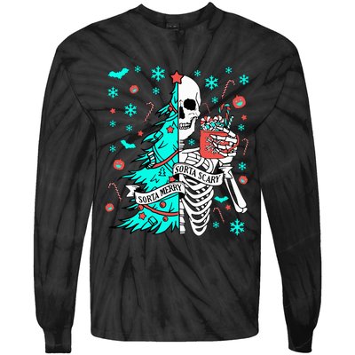 Sorta Merry Sorta Scary Funny Christmas Skeleton Tree Santa Tie-Dye Long Sleeve Shirt