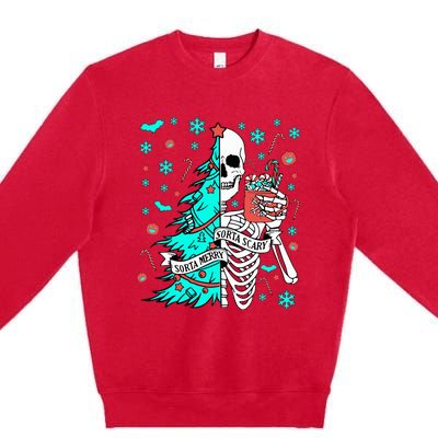 Sorta Merry Sorta Scary Funny Christmas Skeleton Tree Santa Premium Crewneck Sweatshirt