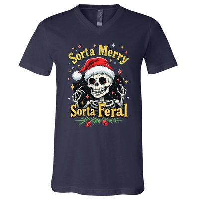 Sorta Merry Sorta Scary Funny Christmas Skeleton V-Neck T-Shirt