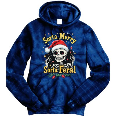 Sorta Merry Sorta Scary Funny Christmas Skeleton Tie Dye Hoodie