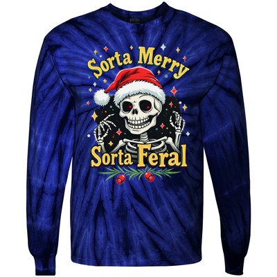 Sorta Merry Sorta Scary Funny Christmas Skeleton Tie-Dye Long Sleeve Shirt