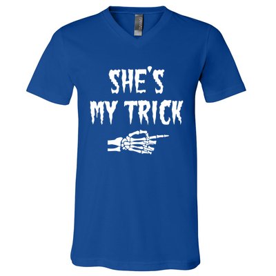 She’S My Trick Matching Couples Halloween Gift V-Neck T-Shirt