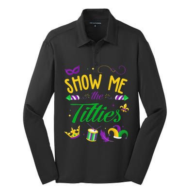 Show Me The Titties Funny Mardi Gras Gift Silk Touch Performance Long Sleeve Polo