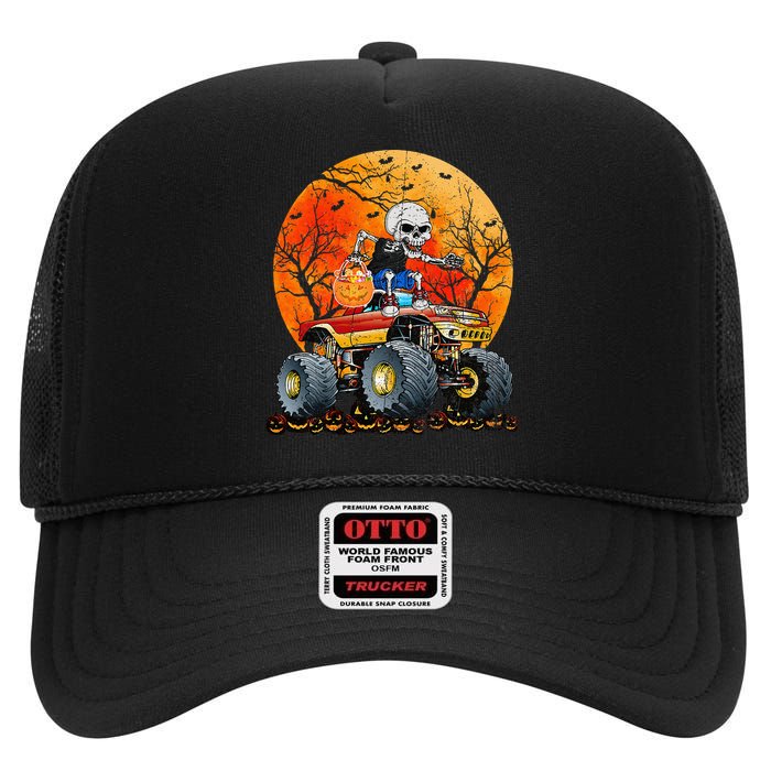 Skeleton Monster Truck Moon Candy Halloween High Crown Mesh Back Trucker Hat