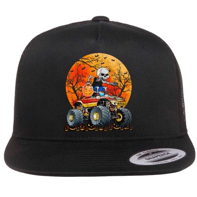 Skeleton Monster Truck Moon Candy Halloween Flat Bill Trucker Hat