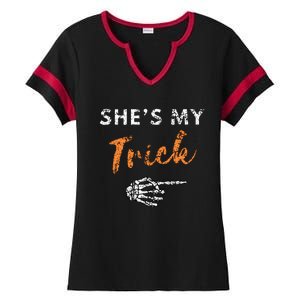 She's My Trick Skeleton Hand Funny Halloween Costume Couples Ladies Halftime Notch Neck Tee