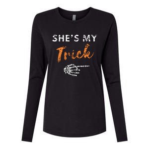 She's My Trick Skeleton Hand Funny Halloween Costume Couples Womens Cotton Relaxed Long Sleeve T-Shirt