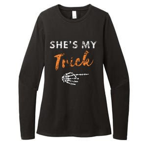 She's My Trick Skeleton Hand Funny Halloween Costume Couples Womens CVC Long Sleeve Shirt