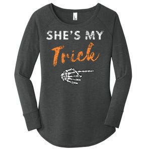 She's My Trick Skeleton Hand Funny Halloween Costume Couples Women's Perfect Tri Tunic Long Sleeve Shirt