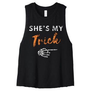 She's My Trick Skeleton Hand Funny Halloween Costume Couples Women's Racerback Cropped Tank