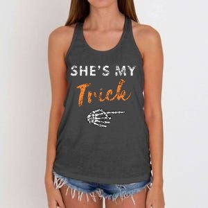 She's My Trick Skeleton Hand Funny Halloween Costume Couples Women's Knotted Racerback Tank