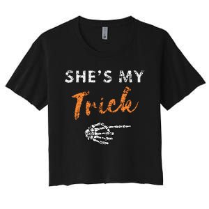 She's My Trick Skeleton Hand Funny Halloween Costume Couples Women's Crop Top Tee