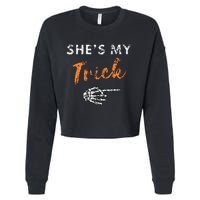 She's My Trick Skeleton Hand Funny Halloween Costume Couples Cropped Pullover Crew