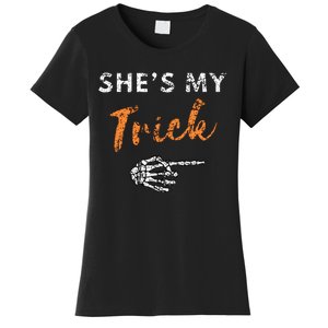 She's My Trick Skeleton Hand Funny Halloween Costume Couples Women's T-Shirt