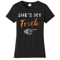 She's My Trick Skeleton Hand Funny Halloween Costume Couples Women's T-Shirt