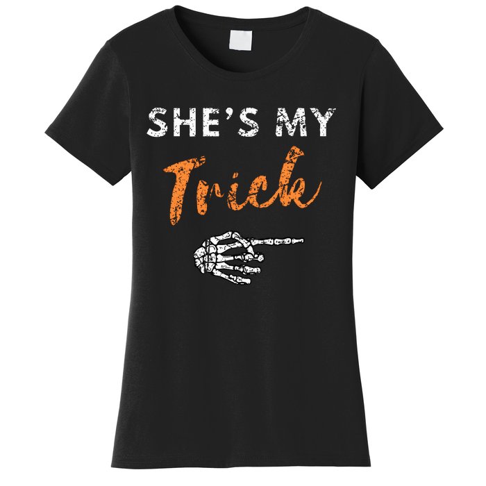 She's My Trick Skeleton Hand Funny Halloween Costume Couples Women's T-Shirt