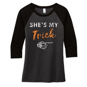 She's My Trick Skeleton Hand Funny Halloween Costume Couples Women's Tri-Blend 3/4-Sleeve Raglan Shirt