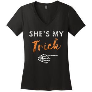 She's My Trick Skeleton Hand Funny Halloween Costume Couples Women's V-Neck T-Shirt