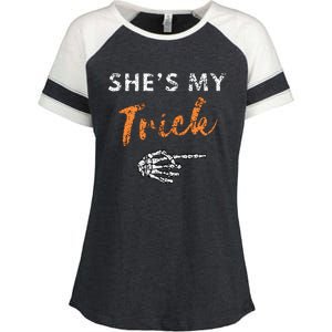 She's My Trick Skeleton Hand Funny Halloween Costume Couples Enza Ladies Jersey Colorblock Tee