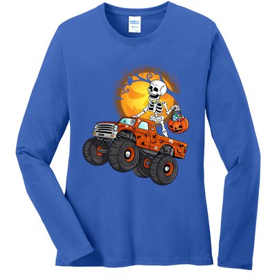 Skeleton Monster Truck Moon Candy Halloween Costume Gift Ladies Long Sleeve Shirt