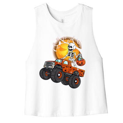 Skeleton Monster Truck Moon Candy Halloween Costume Gift Women's Racerback Cropped Tank