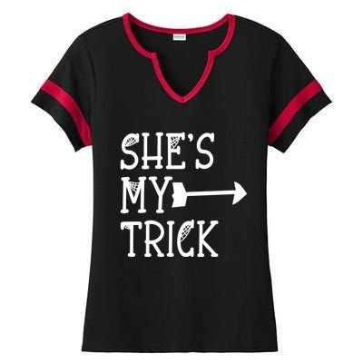 Shes My Trick Hes My Treat Pointing Arrow Couples Design Great Gift Ladies Halftime Notch Neck Tee