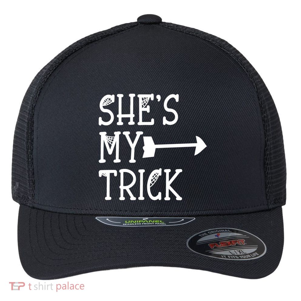 Shes My Trick Hes My Treat Pointing Arrow Couples Design Great Gift Flexfit Unipanel Trucker Cap