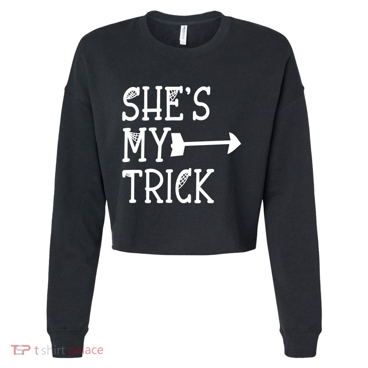 Shes My Trick Hes My Treat Pointing Arrow Couples Design Great Gift Cropped Pullover Crew