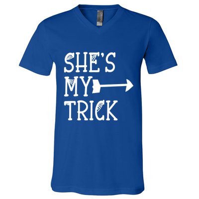 Shes My Trick Hes My Treat Pointing Arrow Couples Design Great Gift V-Neck T-Shirt
