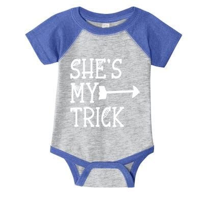 Shes My Trick Hes My Treat Pointing Arrow Couples Design Great Gift Infant Baby Jersey Bodysuit