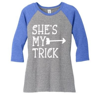 Shes My Trick Hes My Treat Pointing Arrow Couples Design Great Gift Women's Tri-Blend 3/4-Sleeve Raglan Shirt