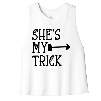 Shes My Trick Hes My Treat Pointing Arrow Couples Design Great Gift Women's Racerback Cropped Tank