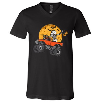 Skeleton Monster Truck Moon Candy Halloween V-Neck T-Shirt