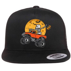 Skeleton Monster Truck Moon Candy Halloween Flat Bill Trucker Hat