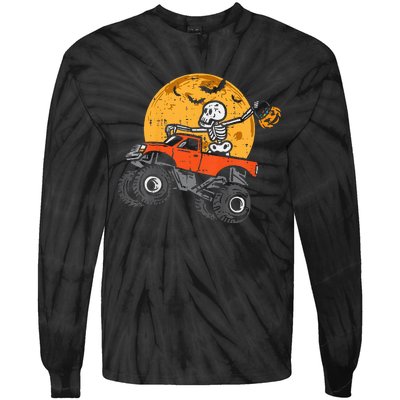 Skeleton Monster Truck Moon Candy Halloween Tie-Dye Long Sleeve Shirt