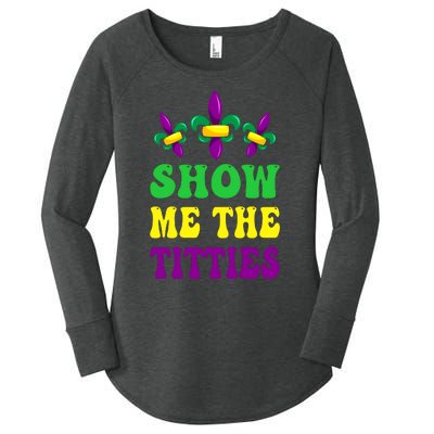 Show Me The Titties Funny Mardi Gras Gift Women's Perfect Tri Tunic Long Sleeve Shirt