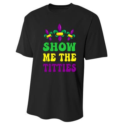 Show Me The Titties Funny Mardi Gras Gift Performance Sprint T-Shirt