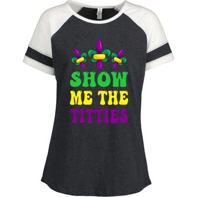 Show Me The Titties Funny Mardi Gras Gift Enza Ladies Jersey Colorblock Tee