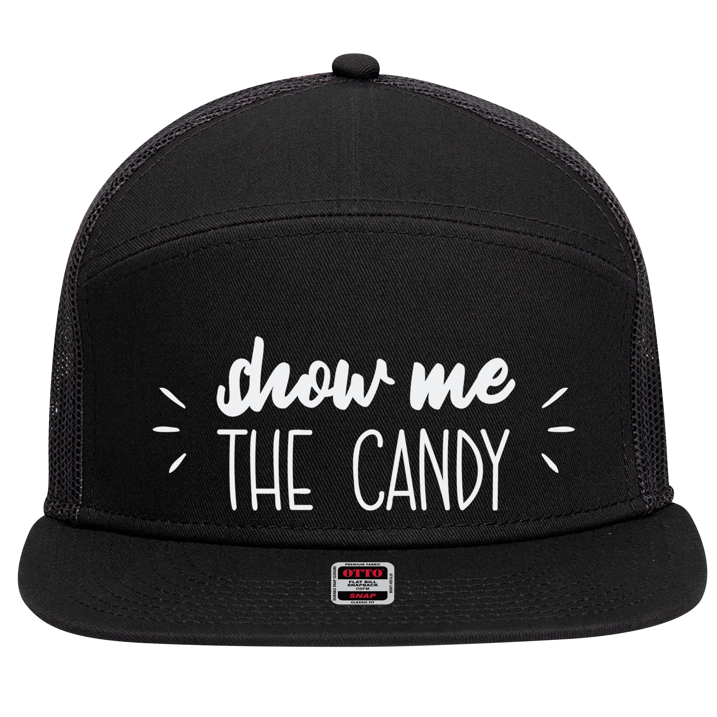 Show Me The Candy Funny Halloween 7 Panel Mesh Trucker Snapback Hat