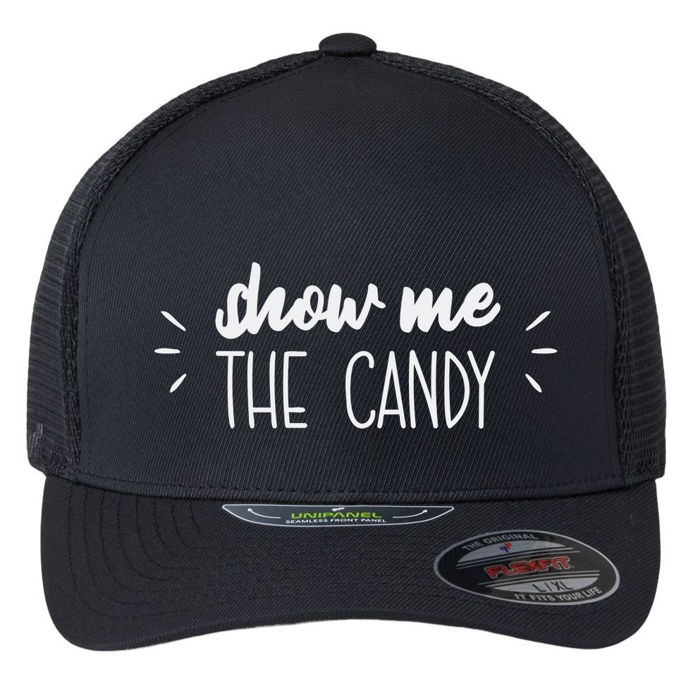Show Me The Candy Funny Halloween Flexfit Unipanel Trucker Cap
