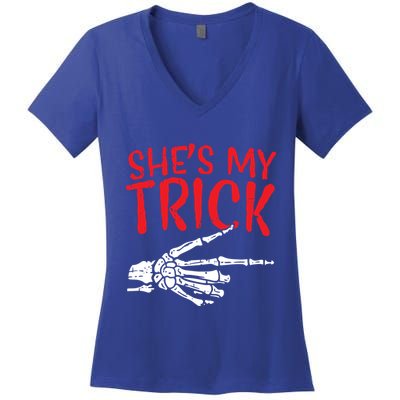 Shes My Trick Halloween Costume Skeleton Matching Couple Cute Gift Women's V-Neck T-Shirt