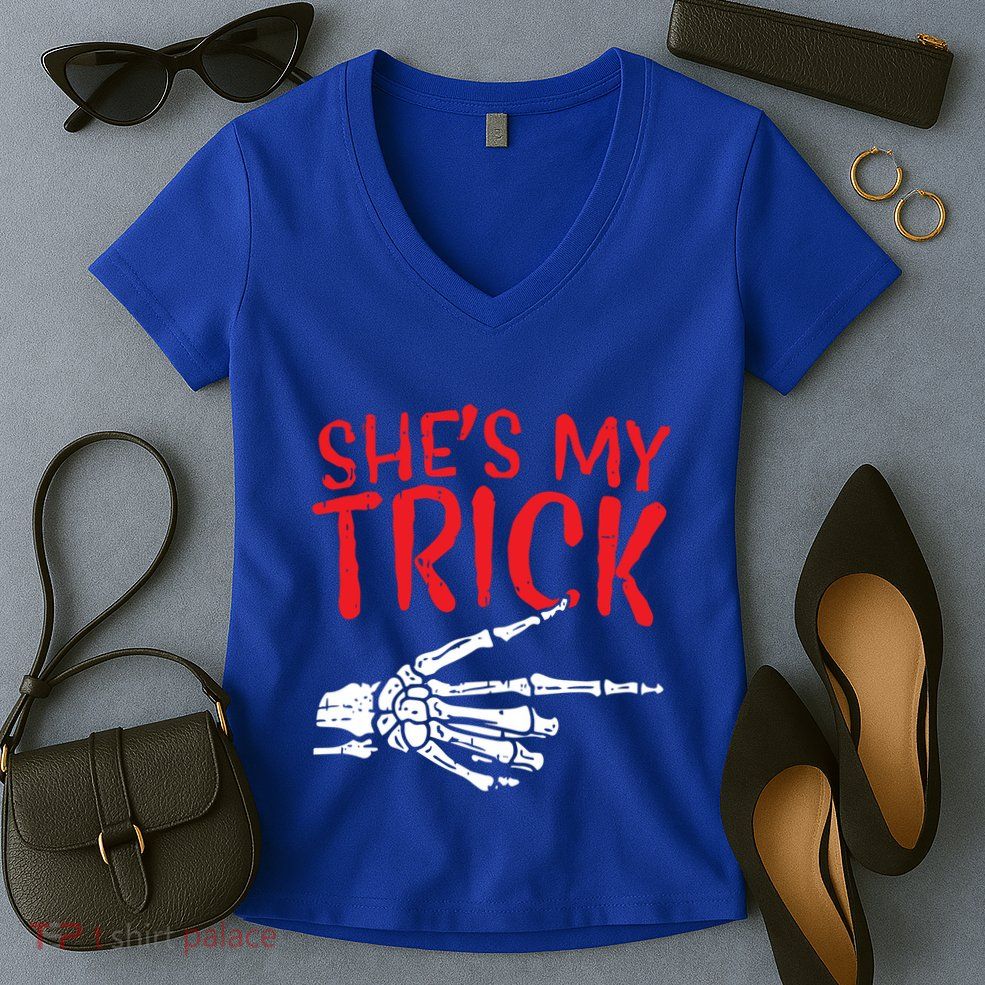 Shes My Trick Halloween Costume Skeleton Matching Couple Cute Gift Women's V-Neck T-Shirt