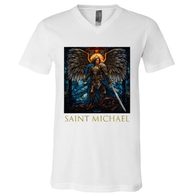 Saint Michael The Archangel Stained Glass V-Neck T-Shirt