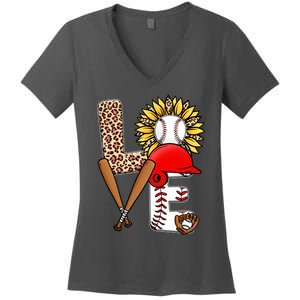 Softball Mom T Shirts, Love Soccer Leopard Sunflower Sports Ball Valentine Day Women's V-Neck T-Shirt