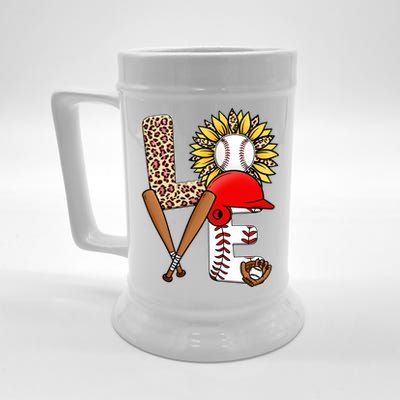 Softball Mom T Shirts, Love Soccer Leopard Sunflower Sports Ball Valentine Day Beer Stein