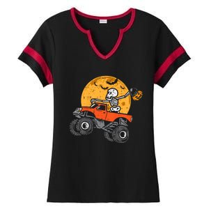 Skeleton Monster Truck Moon Candy Halloween Ladies Halftime Notch Neck Tee