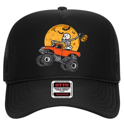 Skeleton Monster Truck Moon Candy Halloween High Crown Mesh Back Trucker Hat